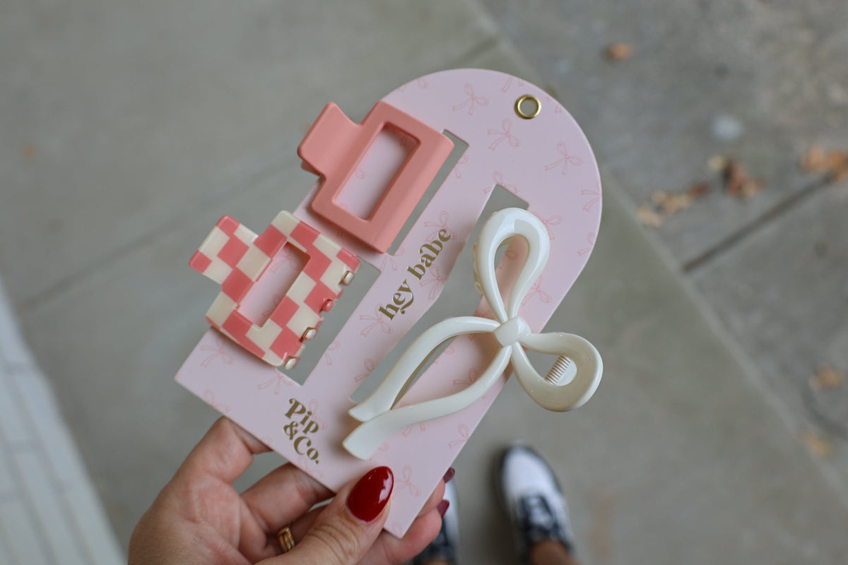 Claw Clip – Pink Checker & Bow (3 Clip Set)