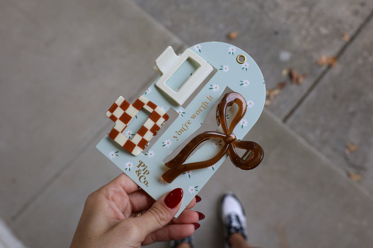 Claw Clip– Checker, Cream & Bow (3 Clip Set)