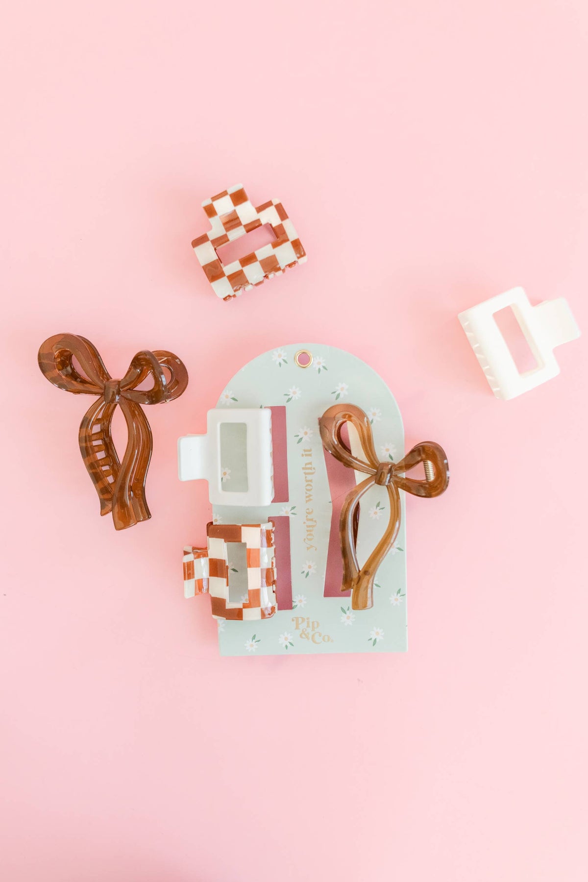 Claw Clip– Checker, Cream & Bow (3 Clip Set)